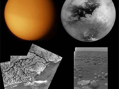 Titán, observado desde diferentes naves espaciales. Arriba, a la izquierda, imagen tomada por la <i>Voyager 1 </i>en 1980, en la que se aprecia Titán cubierto de nieblas. A la derecha, fotografía realizada por la <i>Cassini</i> en 2004 en infrarrojo, que muestra la superficie. Abajo, a la izquierda, imagen tomada por la <i>Huygens</i> durante el descenso del 14 de enero de 2005. A la derecha, la superficie de Titán vista por la misma sonda tras el descenso.