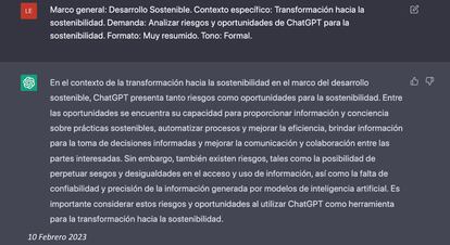 El sistema ChatGPT responde a la pegunta sobre la relación entre IA y sostenibilidad.