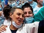 Healthcare workers celebrate and and covid patients the last tribute at the IFEMA field hospital in Madrid, April 30, 2020. Tomorrow it will be officially closed.