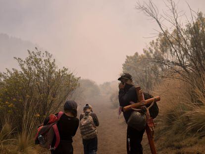 Un padre con sus hijos se dispone a cruzar el humo de un incendio forestal en camino a Xalatlaco, primera parada en su peregrinación a Chalma.
