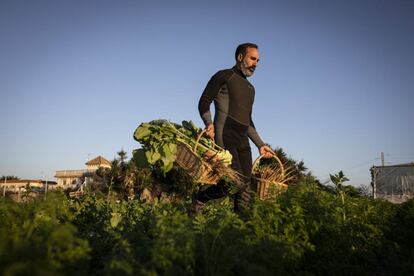 Monge trabaja en el campo vestido con neopreno