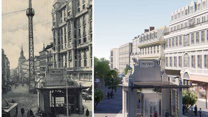 El templete original de Palacios en la estación de Gran Vía, y la reproducción de cómo quedará cuando finalice la obra.