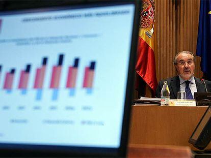 El vicepresidente segundo, Pedro Solbes, durante la presentación del proyecto de Presupuestos.