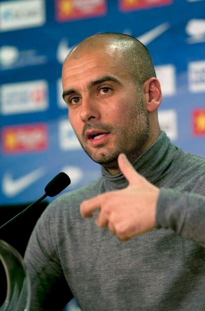 El entrenador del Barcelona, Pep Guardiola, durante la rueda de prensa.