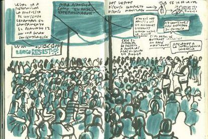 Ilustración de Enrique Flores sobre las concentraciones de los 'indignados' en Sol (Madrid). Dibujos procedentes de la web www.4ojos.com/blog