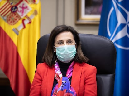 Margarita Robles, en una videoconferencia con los ministros de Defensa de la OTAN, el pasado día 15.