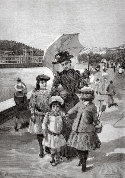 La reina María Cristina, en la playa de La Concha (San Sebastián) en el verano de 1890, en un dibujo de 'La Ilustración Española y Americana'.