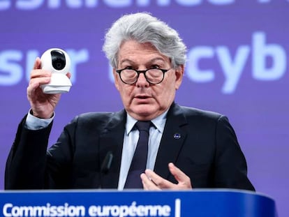 El Comisario de Mercado Interior, Thierry Breton, durante la presentación de la Ley de Ciberresiliencia en Bruselas. 