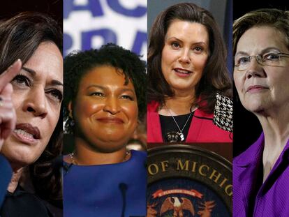 De izquierda a derecha: Kamala Harris, Stacey Abrams, Gretchen Whitmer y Elizabeth Warren.