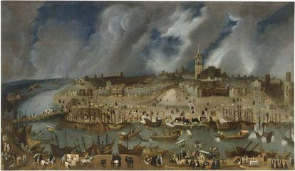 "Vista de Sevilla", anónimo, principios del siglo XVII, lienzo. Museo Nacional del Prado.
