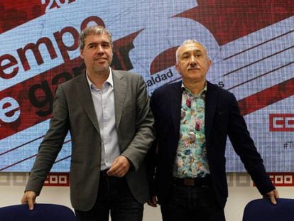 Los secretarios generales de CC OO, Unai Sordo, y UGT, Pepe Álvarez