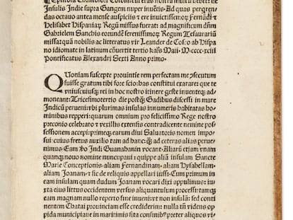 Una de las cuatro hojas que conforman la epístola conocida como "De insulis nuper inventus" (De las islas recién descubiertas).