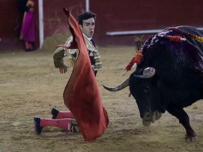 Inicio de rodillas de Tomás Rufo en la faena de muleta a su segundo toro.