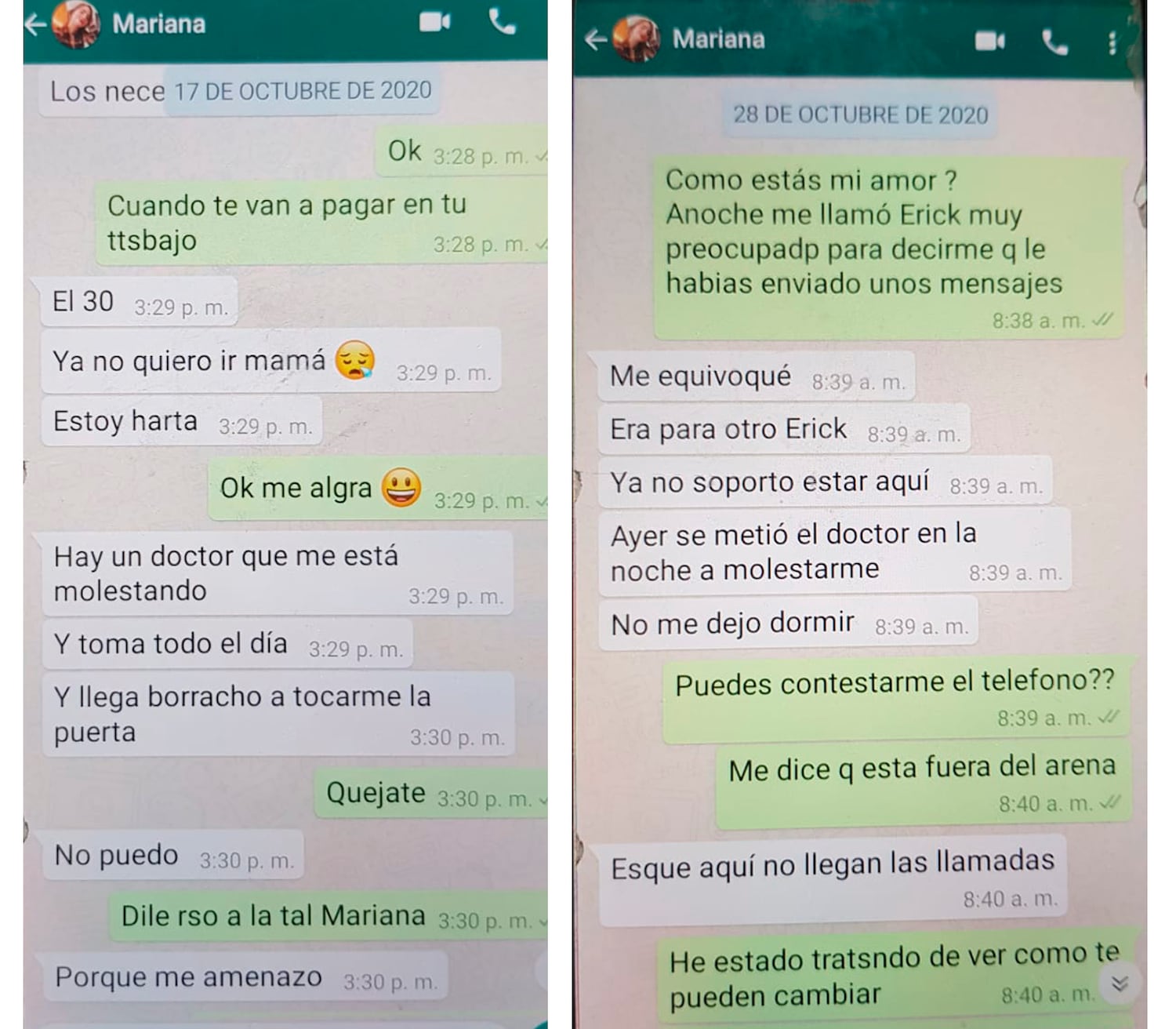 Mensaje de octubre de 2020, en el que Mariana Sánchez le dice a su madre que está haciendo acosada por un compañero.