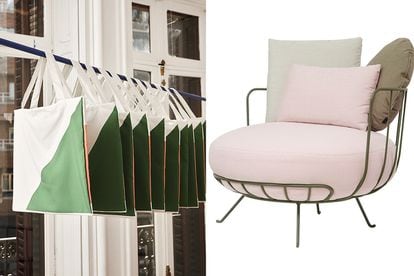 Las bolsas Musselblomma de Ikea, hechas con plásticos del Mediterráneo reciclados, y el sillón Lou, diseñado para Calma.