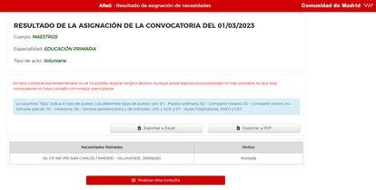 Pantallazo de la página web de consultas de asignaciones de la Comunidad de Madrid.