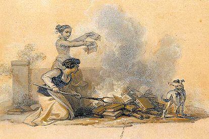 &#39;La quema de los libros&#39; (1800-1818), dibujo de Robert Smirke, en la exposición &#39;El Quijote: biografía de un libro&#39;.