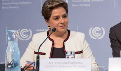 Patricia Espinosa, en una rueda de prensa sobre la pr&oacute;xima cumbre de cambio clim&aacute;tico que se celebrar&aacute; en Bonn (Alemania).