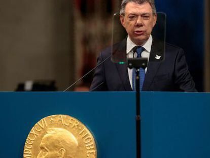 El presidente de Colombia, Juan Manuel Santos, durante su discurso en Oslo tras recibir el Premio Nobel de la Paz. 