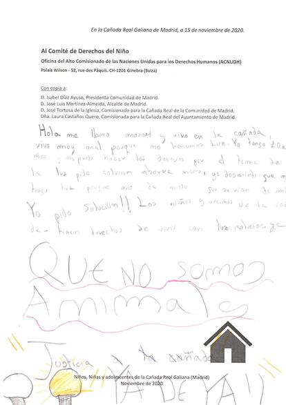 Carta número 17 de niños de la Cañada Real que han mandado a Ayuso, Almeida, los comisionados y la ONU.