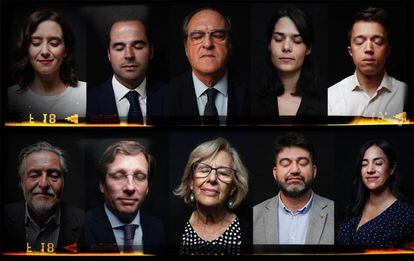 De izquierda a derecha, arriba, Isabel Díaz Ayuso (PP), Ignacio Aguado (Cs), Ángel Gabilondo (PSOE), Isabel Serra (Unidas Podemos), Íñigo Errejón (Más Madrid). Abajo, Pepu Hernández (PSOE), José Luis Martínez Almeida (PP), Manuela Carmena (Más Madrid), Carlos Sanchez Mato (Madrid en Pie) y Begoña Villacís (Cs).