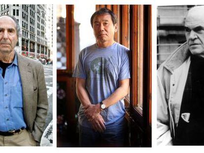 De izquierda a derecha, Philip Roth, Haruki Murakami y Milan Kundera