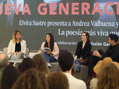 De izquierda a derecha, las poetas Elvira Sastre, Andrea Valbuena y Sara Búho y el editor Tito Valverde, ayer en el Matadero.