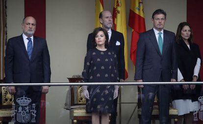 La vicepresidenta del Gobierno en funciones, Soraya Sáenz de Santamaría, durante el acto central del Día de la Fiesta Nacional.