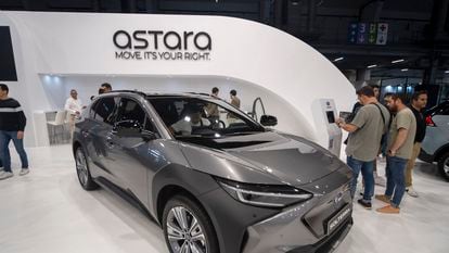 BARCELONA, SPAIN - 2023/05/14: The logo of the Astara group is seen at the Automobile Barcelona show. The Automobile Barcelona 2023 show opens its doors from May 13 to 21 at the Montjüic fairgrounds. 23 car brands will present their novelties highlighting the electric car as the protagonist. (Photo by Paco Freire/SOPA Images/LightRocket via Getty Images)