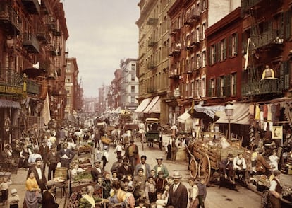 Fotolitografía de 1900 de Mulberry Street, Lower East Side de la ciudad de Nueva York.