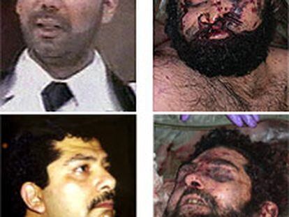 Uday Husein (arriba) y Qusay, junto a las fotos de sus cadáveres difundidas ayer.