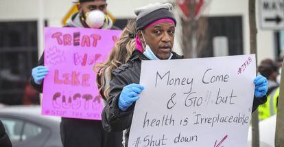 Trabajadores de Amazon, en marzo pasado en Nueva York, protestando por sus condiciones laborales.