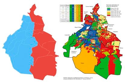 A la izquierda, el mapa de Ciudad de México que se viralizó tras las elecciones. A la derecha, el elaborado por el investigador Willibald Sonnleitner.