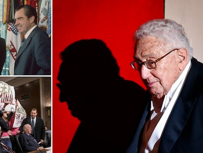 Henry Kissinger junto al presidente Nixon, ante una protesta en la que es acusado de haber cometido crímenes de guerra y en una imagen reciente.