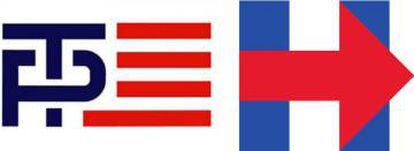 Logos de la campaña de Donald Trump (izquierda) y Hillary Clinton (derecha).