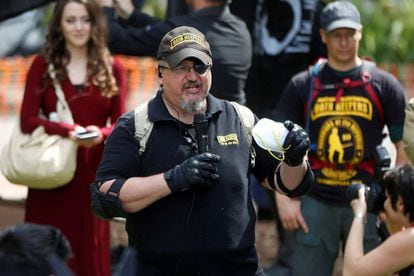 Oath Keepers founder Stewart Rhodes speaks at the 2017 Free Expression Rally in Berkeley, California.