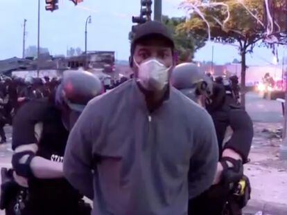 Police arrest a member of a CNN crew broadcasting live while covering protests related to the death of of African-American man George Floyd, in Minneapolis, Minneapolis, Minnesota, U.S. May 29, 2020, in this still image taken from video. CNN/Reuters TV via REUTERS MANDATORY CREDIT. NO RESALES. NO ARCHIVES