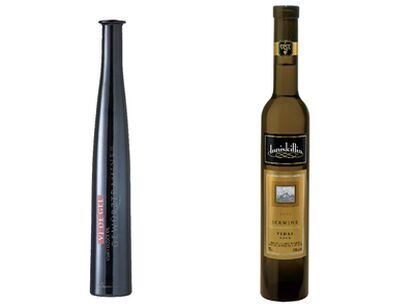 A la izquierda, botellas de la bodega canadiense Inniskillin y del <i>vi de gel </i>elaborado en Cataluña.