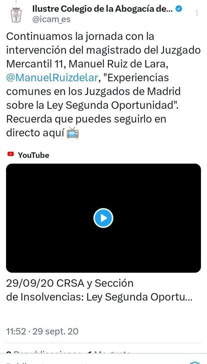 Message from the Madrid Bar Association in which it quotes Ruiz de Lara through his Twitter profile @ManuelRuizdelar.
