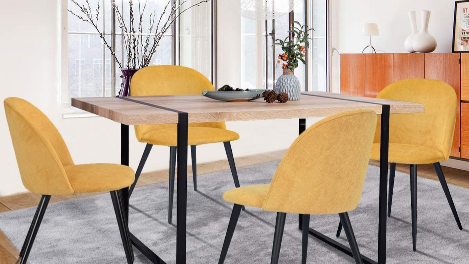 comedor moliere de madera para 8 personas rectangular mesa y sillas de tela  color gris