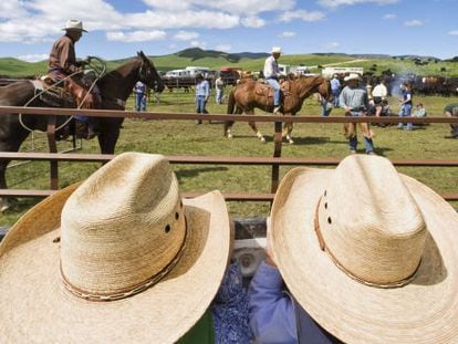 Dos niños con sombreros de 'cowboy' en un rancho cerca de Stanford, en el Estado de Montana (EE UU).