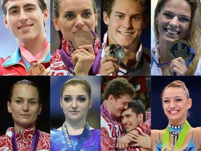 Shubenkov, Isinbayeva, Morozov, Efimova, arriba, y Velikaya, Mustafina, Muserskiy e Illinykh y Kanaeva, abajo. 