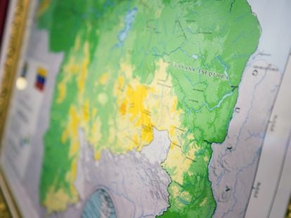 Fotografía de un mapa de Venezuela al que se le añade al Esequibo, durante un acto en el Palacio Federal Legislativo, sede de la Asamblea Nacional (AN, Parlamento) en Caracas (Venezuela).