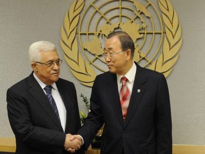 El presidente palestino, Mahmud Abás y el secretario general de las Naciones Unidas, Ban Ki-moon en la sede de la ONU