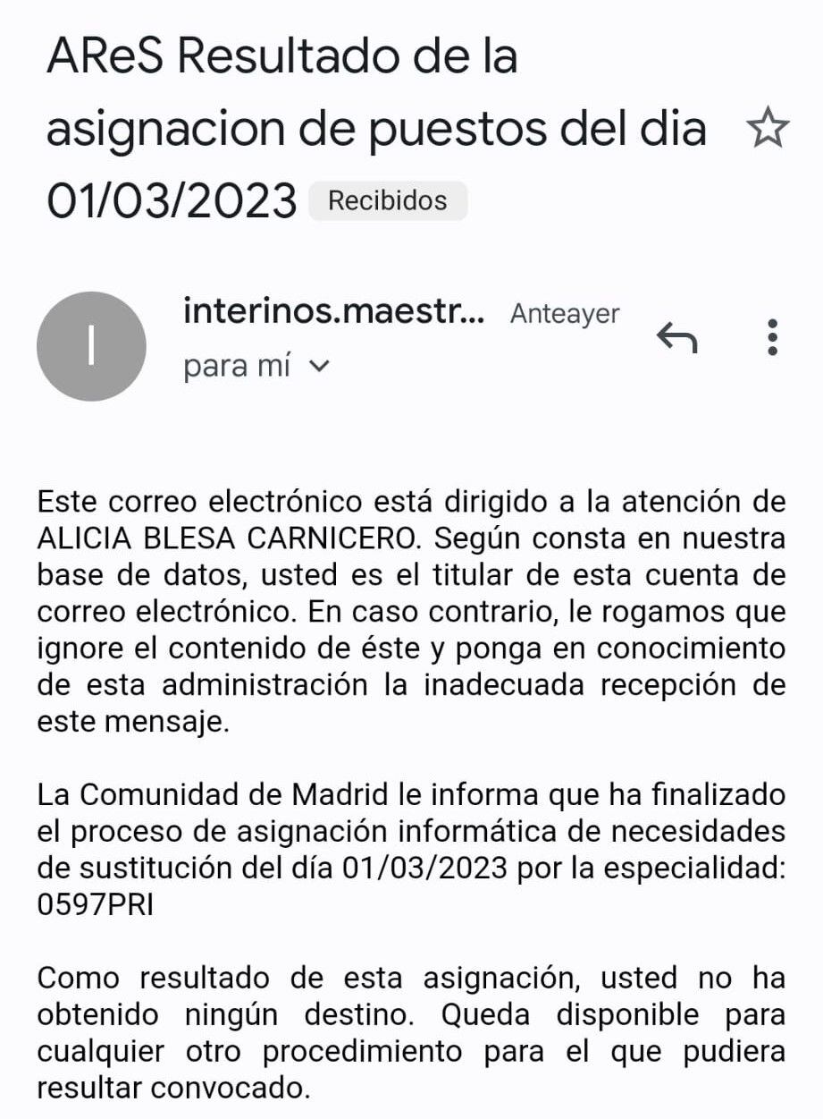 Correo de la Comunidad de Madrid a una de las postulantes informándole de que no ha obtenido el destino.