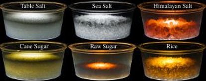 Así se dispersa la luz en diferentes compuestos de granos. De izquierda a derecha y de arriba abajo: sal de mesa, sal marina, sal del Himalaya, azúcar de caña, azúcar en bruto y arroz.
