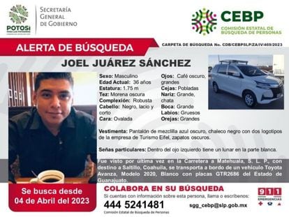 Ficha de búsqueda de Joel Juárez Sánchez, uno de los dos choferes que transportaba a 23 personas desaparecidas en Guanajuato.