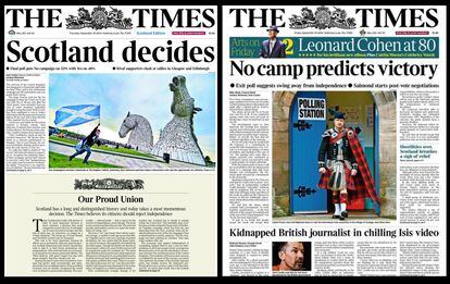 El diario conservador 'The Times' recurre a un votante en el traje tradicional escocés para ilustrar su portada de hoy, en la que da por hecho la victoria del no. El día de la votación el titular "Escocia decide" abre el periódico, mientras se hace una declaración de intenciones por la parte inferior con la editorial llamando a la unión y la no independencia.
