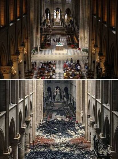 El interior de la catedral antes y después del fuego. Se puede ver cómo la caída de la aguja de Viollet-le-Duc destrozó algunas cúpulas de Notre Dame. |