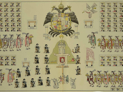 La lámina de mayor tamaño del Lienzo de Tlaxcala. Al centro se halla el escudo imperial de España seguido del escudo de Tlaxcala colonial. Lámina extraída de la versión del códice Chavero.